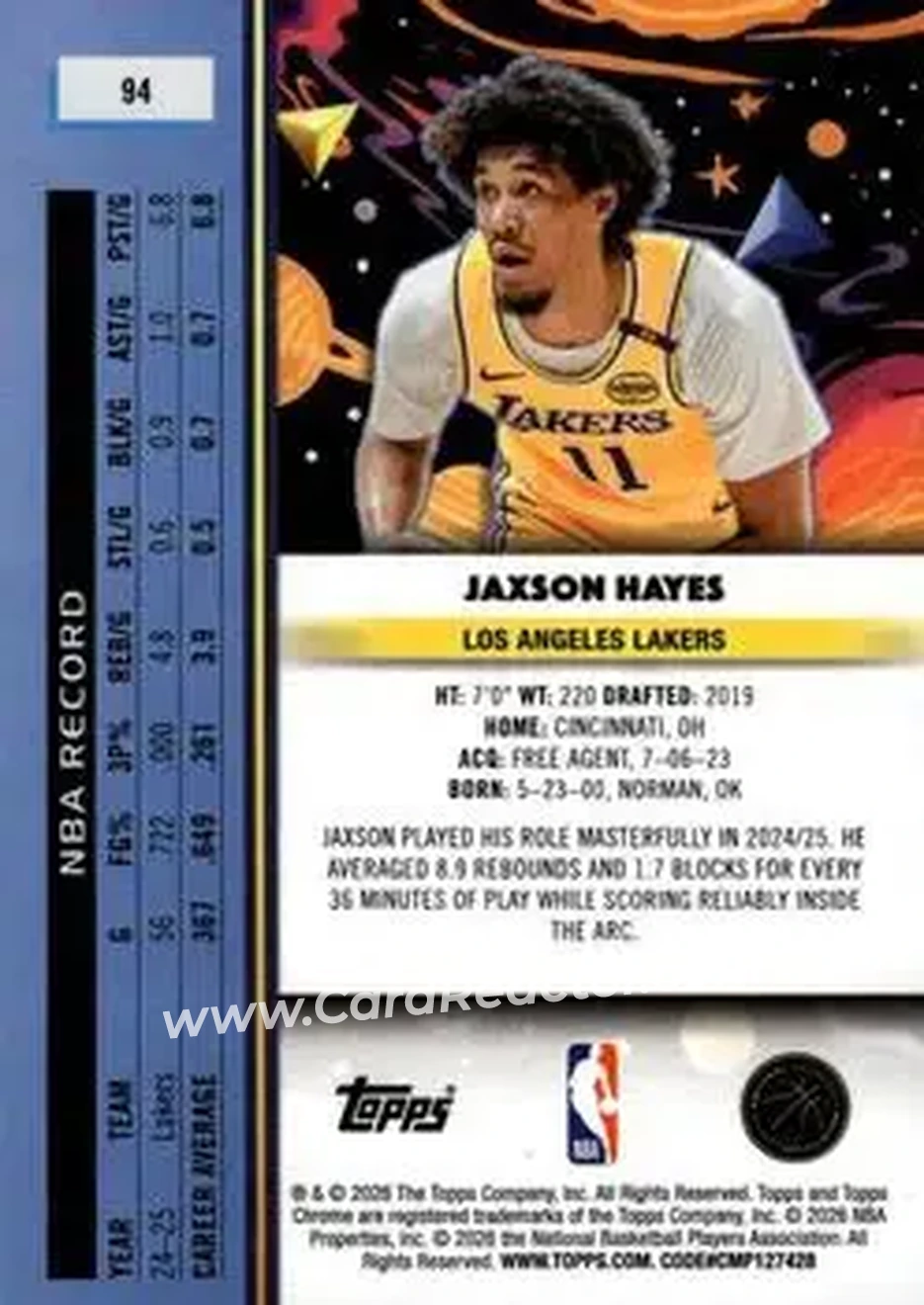 2025-26 Topps Chrome Cosmic #94 - Jaxson Hayes - Los Angeles Lakers - Back 2025-26 Topps Chrome Cosmic #94 - Jaxson Hayes - Los Angeles Lakers - Back