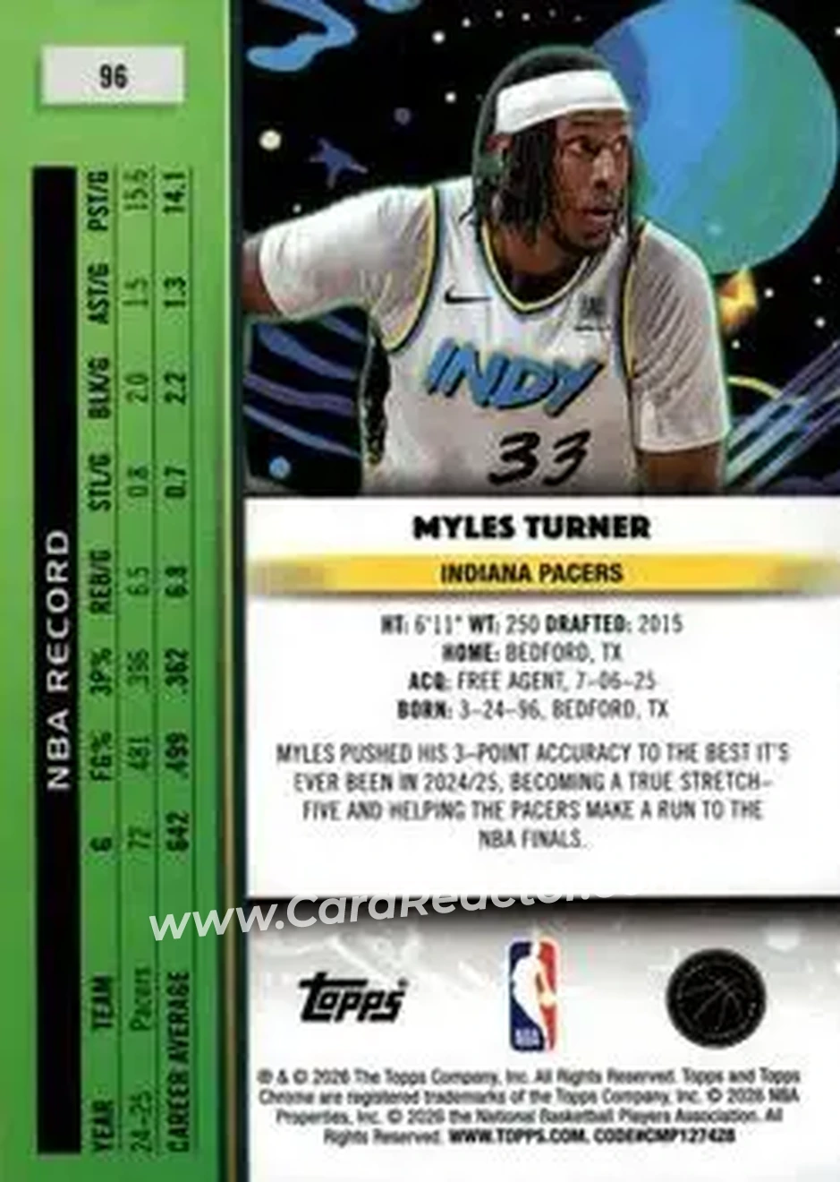 2025-26 Topps Chrome Cosmic #96 - Myles Turner - Indiana Pacers - Back
