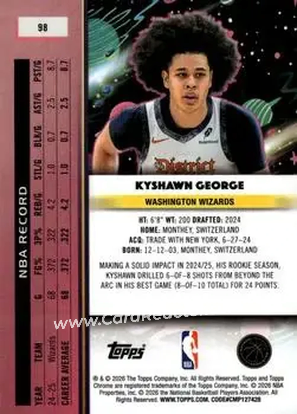 2025-26 Topps Chrome Cosmic #98 - Kyshawn George - Washington Wizards - Back 2025-26 Topps Chrome Cosmic #98 - Kyshawn George - Washington Wizards - Back