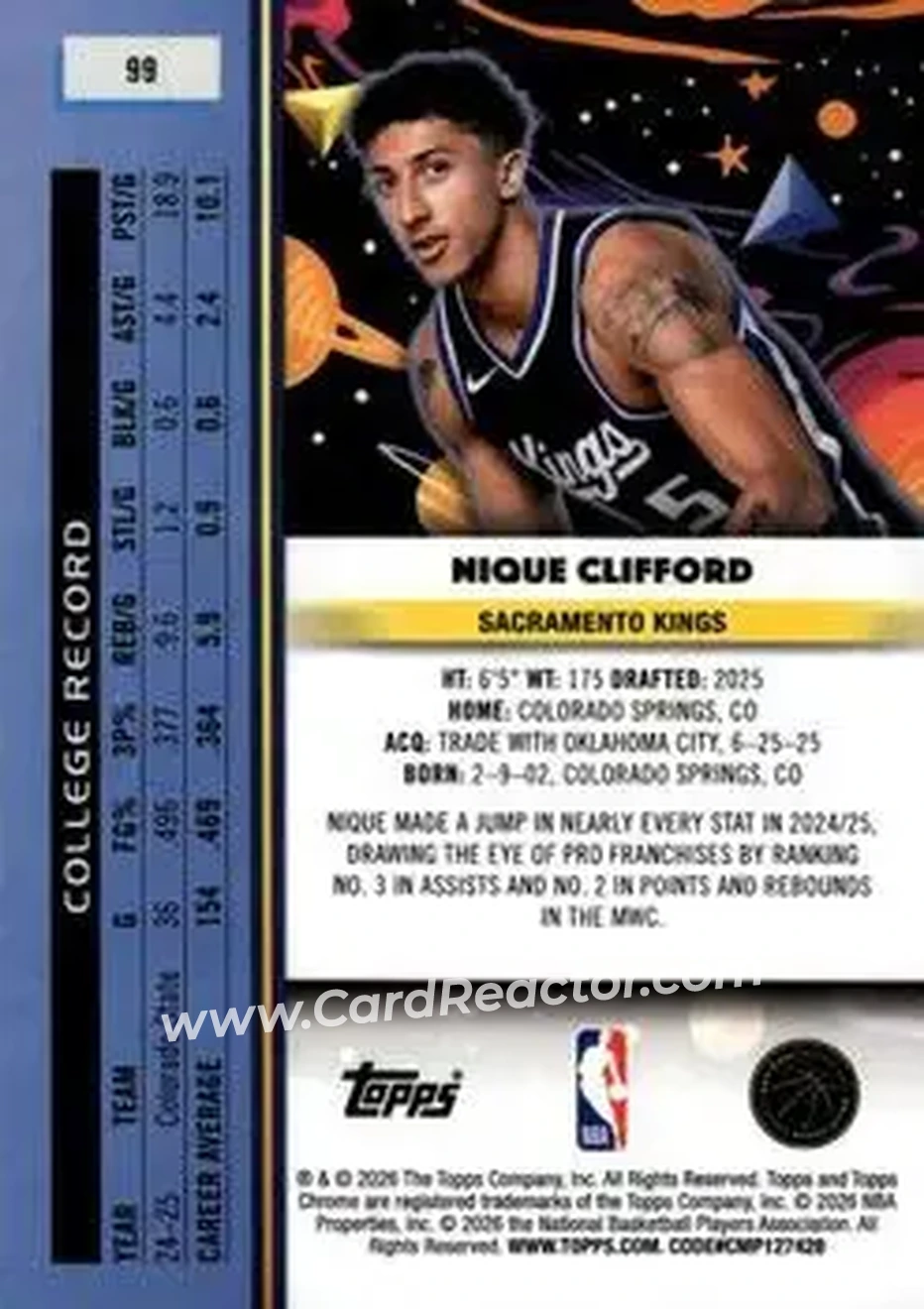 2025-26 Topps Chrome Cosmic #99 - Nique Clifford - Sacramento Kings - Back