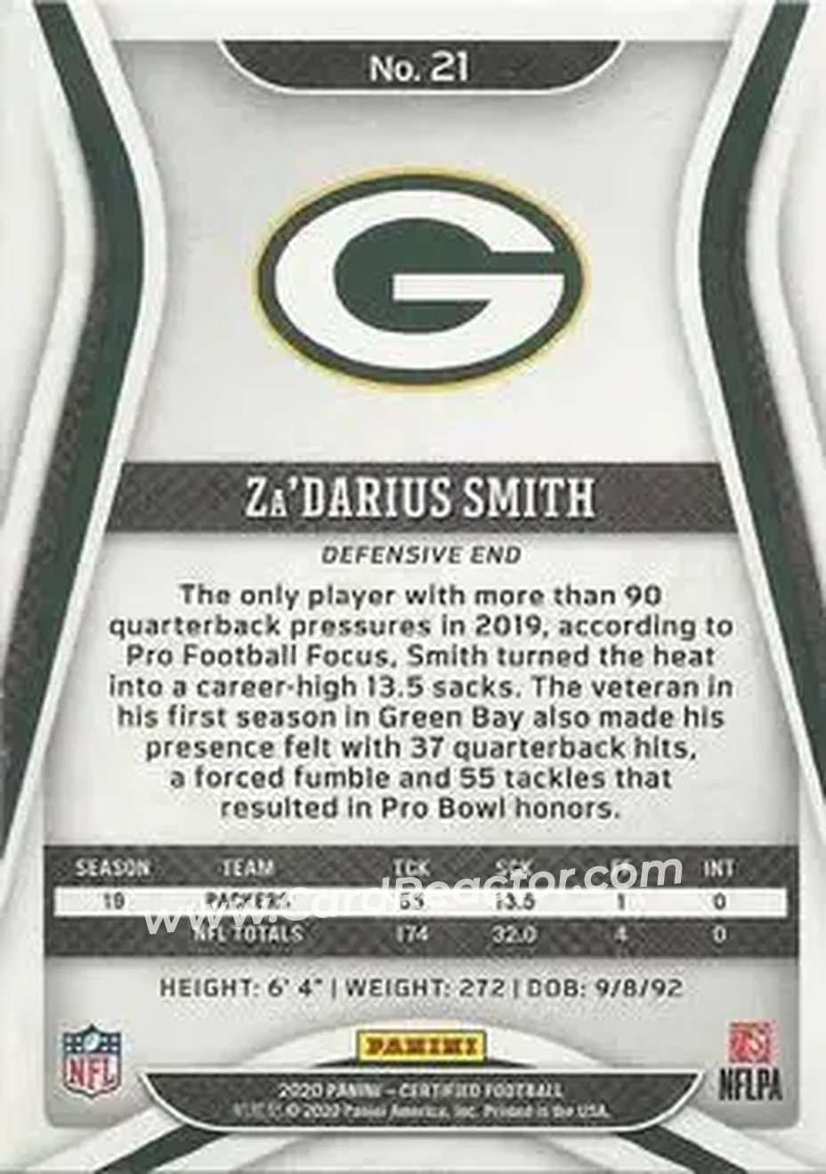 2020 Panini Certified #21 - Za'Darius Smith - Green Bay Packers - Back