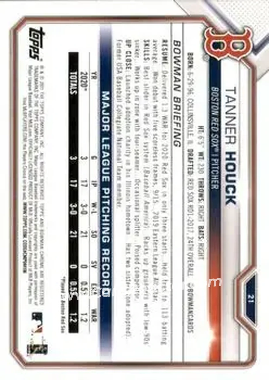 2021 Bowman #21 - Tanner Houck - Boston Red Sox - Back