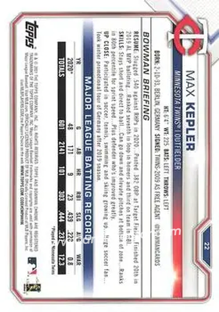 2021 Bowman #22 - Max Kepler - Minnesota Twins - Back
