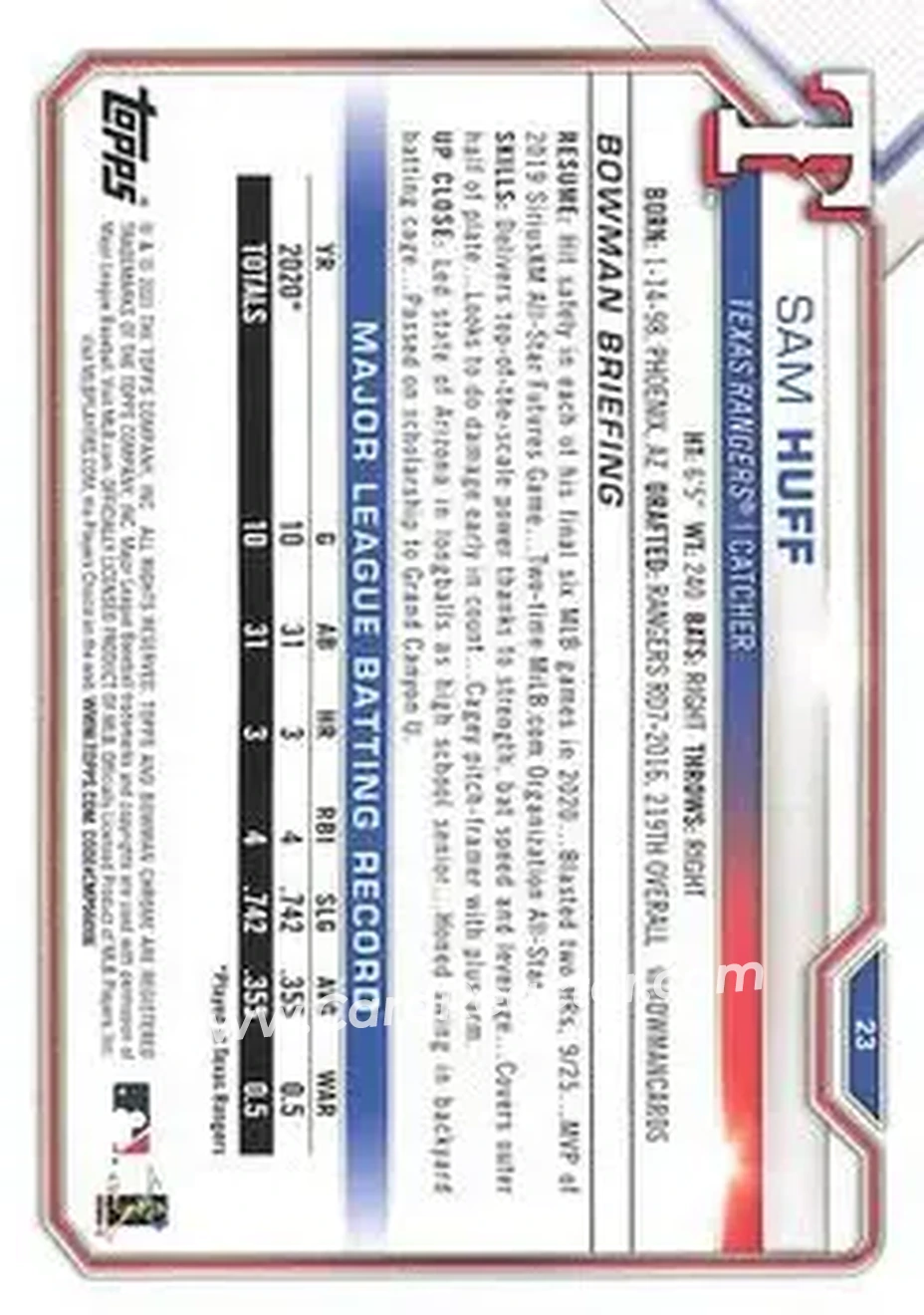 2021 Bowman #23 - Sam Huff - Texas Rangers - Back
