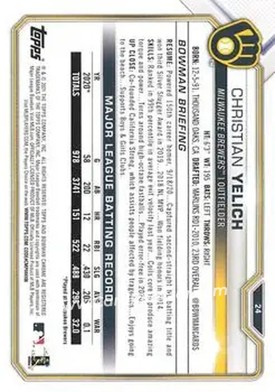 2021 Bowman #24 - Christian Yelich - Milwaukee Brewers - Back