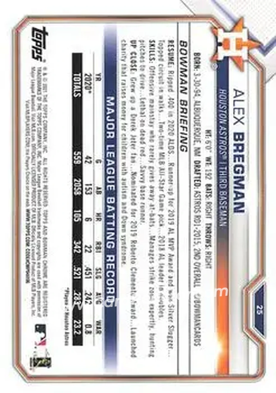 2021 Bowman #25 - Alex Bregman - Houston Astros - Back