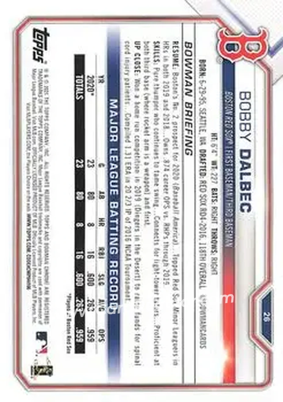 2021 Bowman #26 - Bobby Dalbec - Boston Red Sox - Back