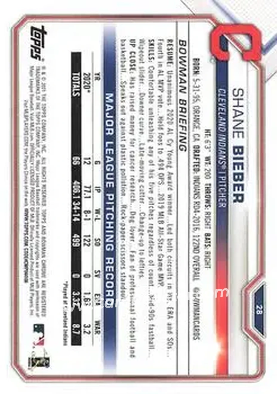2021 Bowman #28 - Shane Bieber - Cleveland Indians - Back