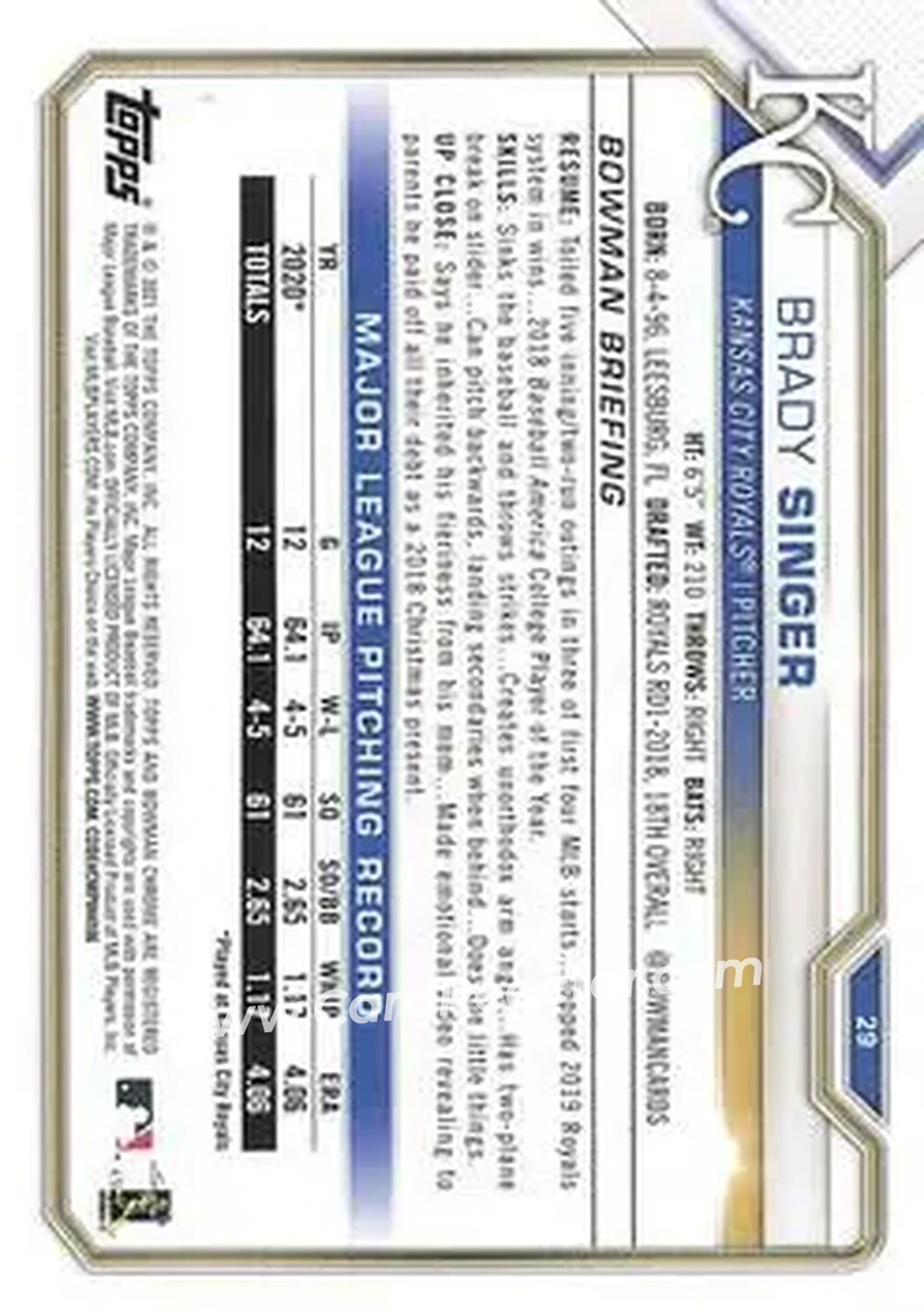 2021 Bowman #29 - Brady Singer - Kansas City Royals - Back