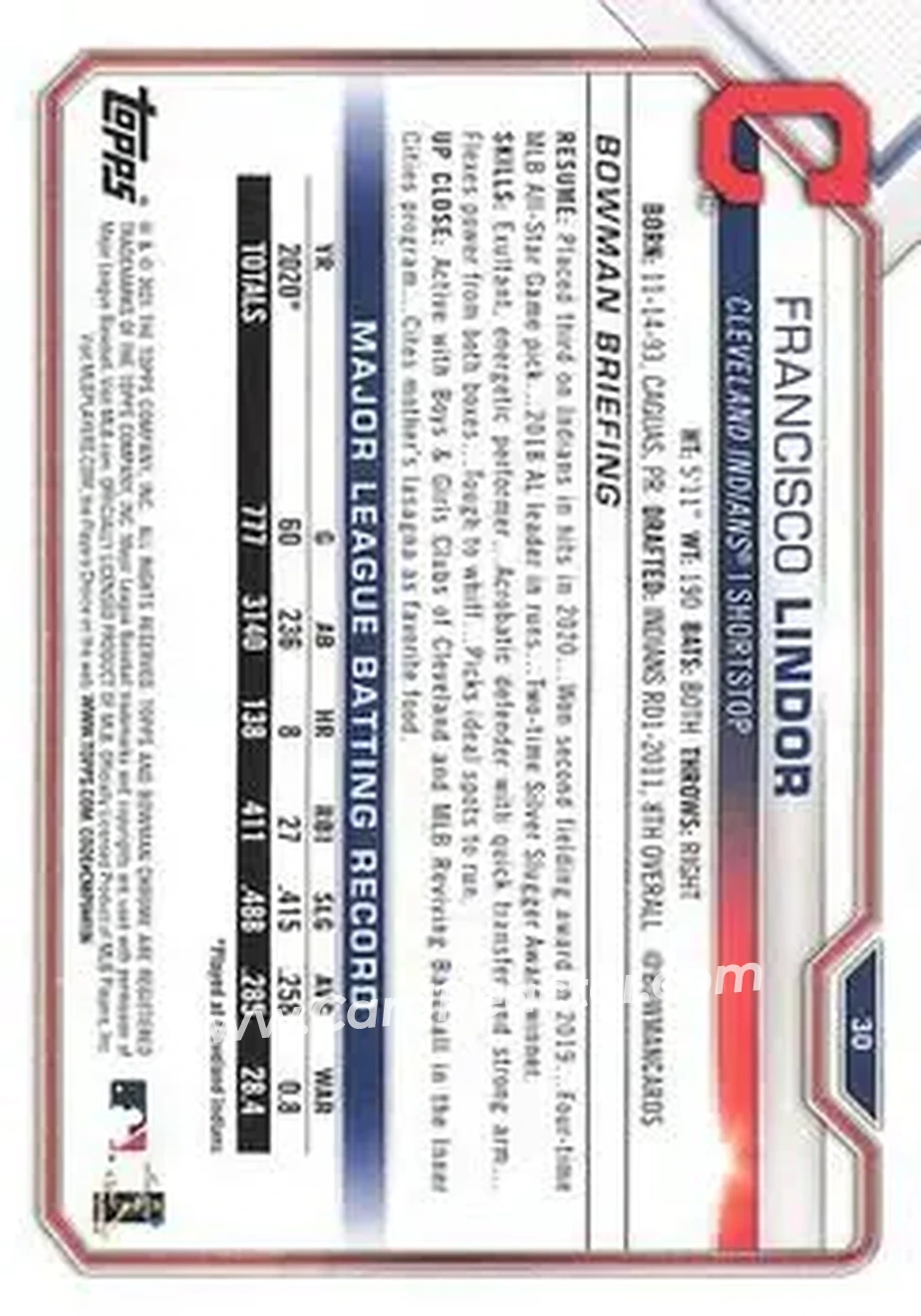 2021 Bowman #30 - Francisco Lindor - Cleveland Indians - Back