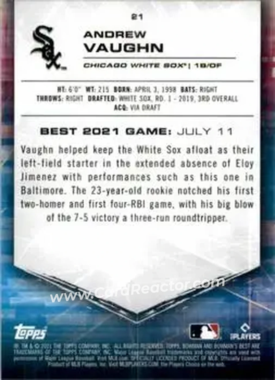 2021 Bowman's Best #21 - Andrew Vaughn - Chicago White Sox - Back