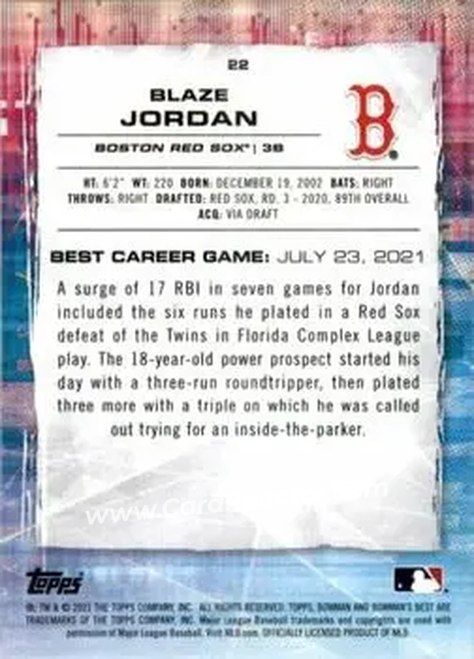 2021 Bowman's Best #22 - Blaze Jordan - Boston Red Sox - Back
