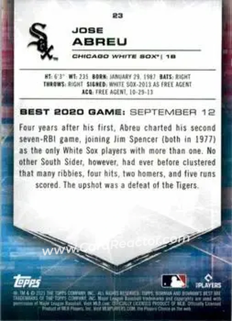 2021 Bowman's Best #23 - Jose Abreu - Chicago White Sox - Back
