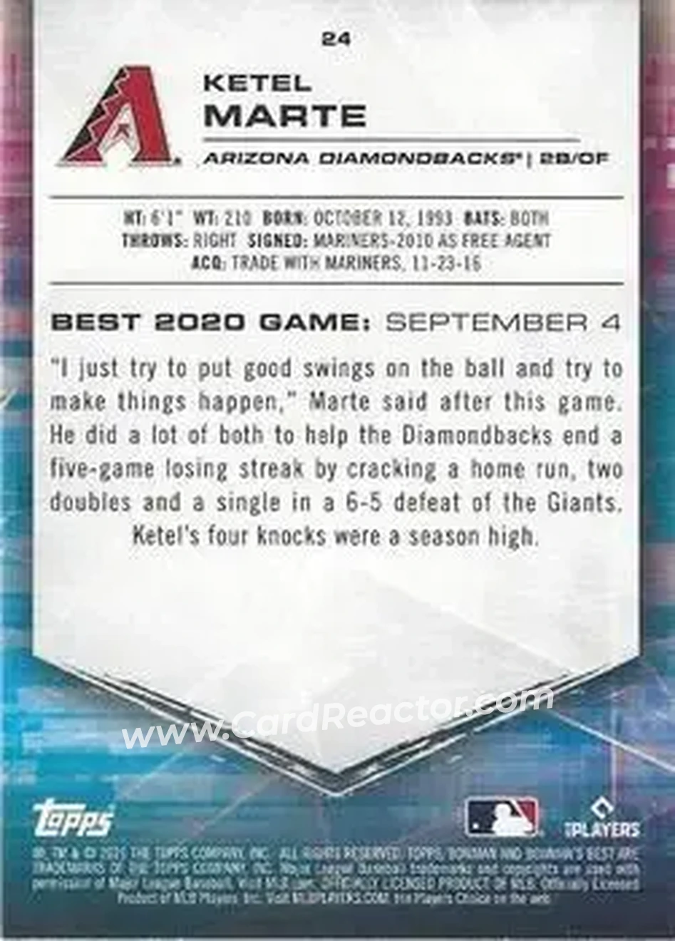 2021 Bowman's Best #24 - Ketel Marte - Arizona Diamondbacks - Back
