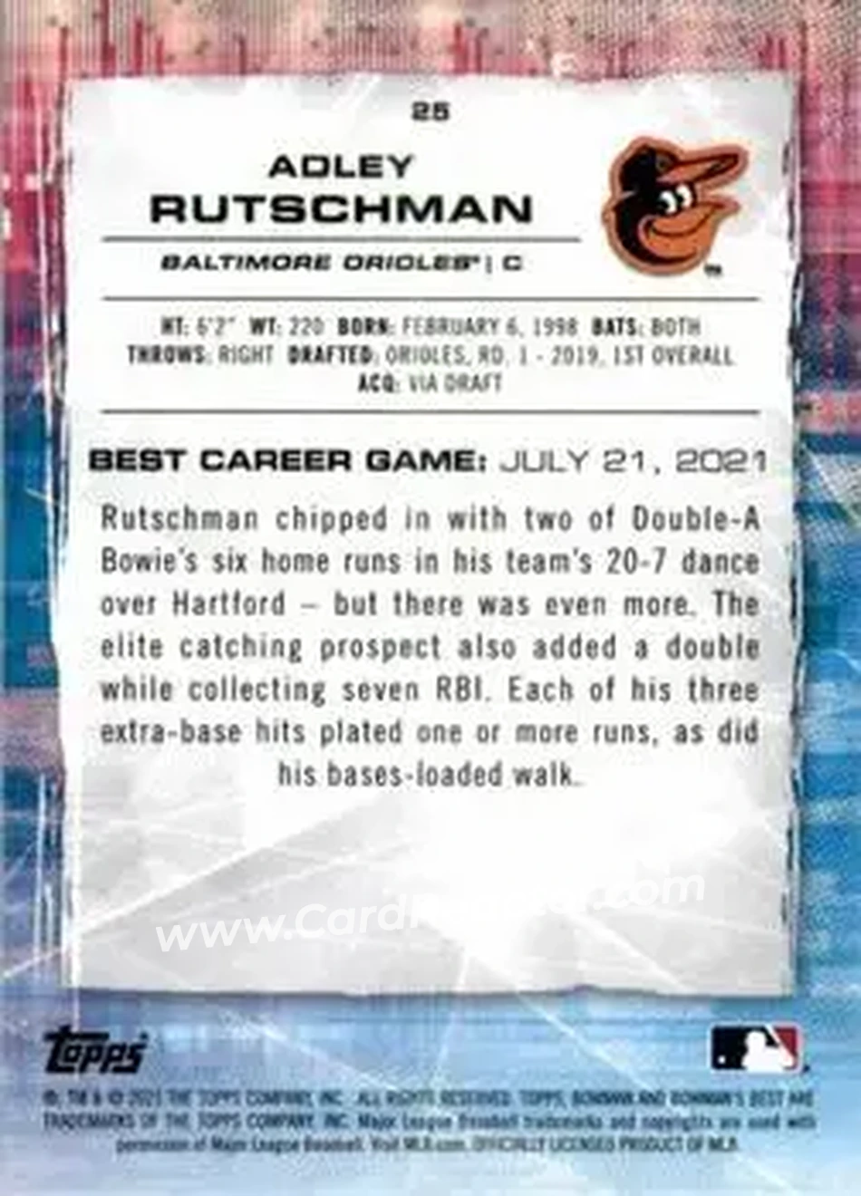 2021 Bowman's Best #25 - Adley Rutschman - Baltimore Orioles - Back