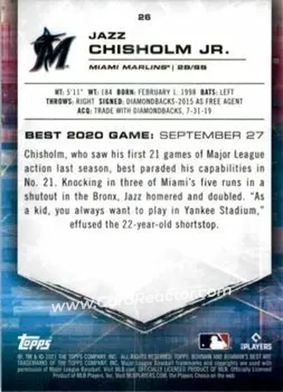 2021 Bowman's Best #26 - Jazz Chisholm Jr. - Miami Marlins - Back