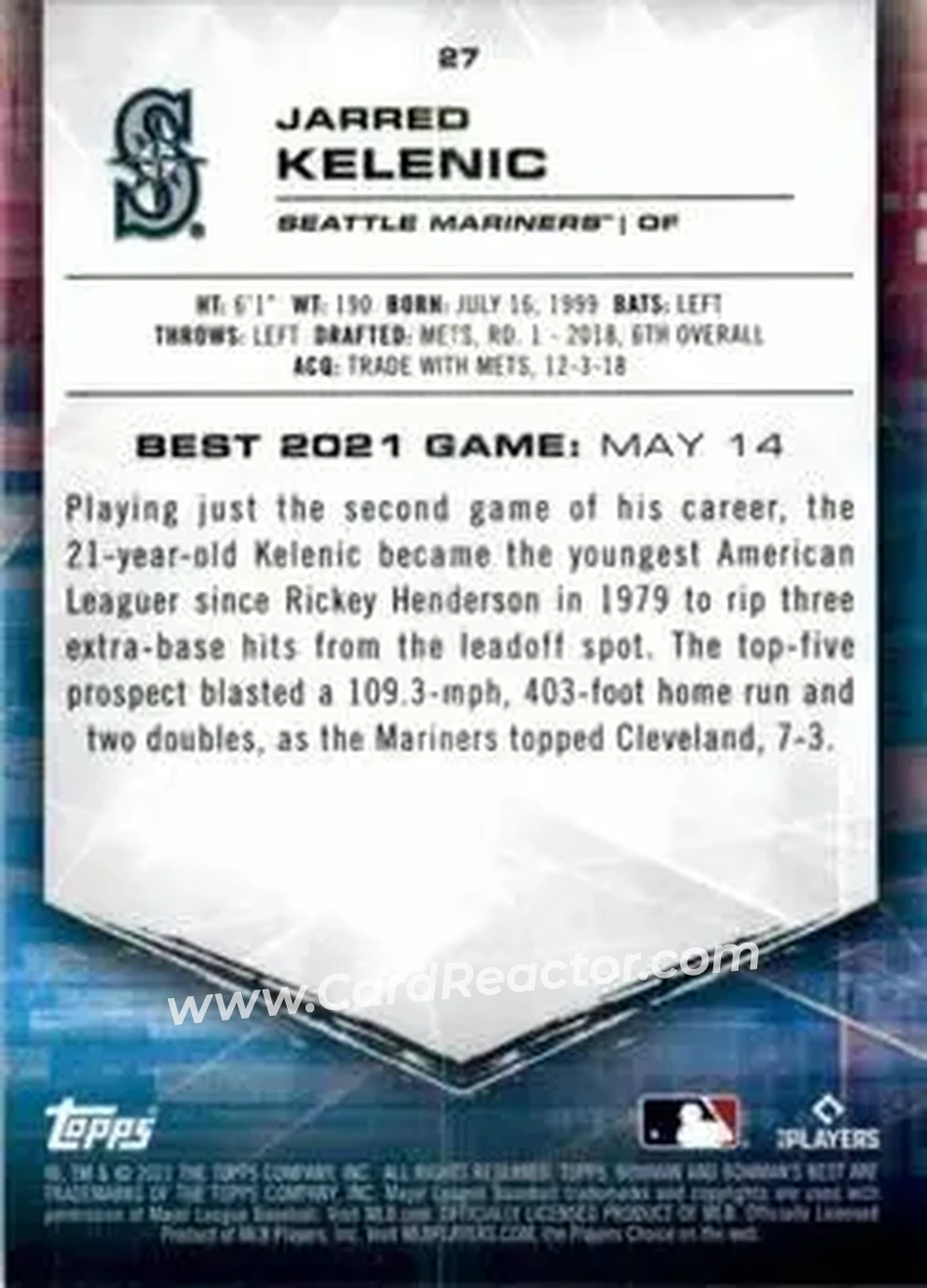 2021 Bowman's Best #27 - Jarred Kelenic - Seattle Mariners - Back