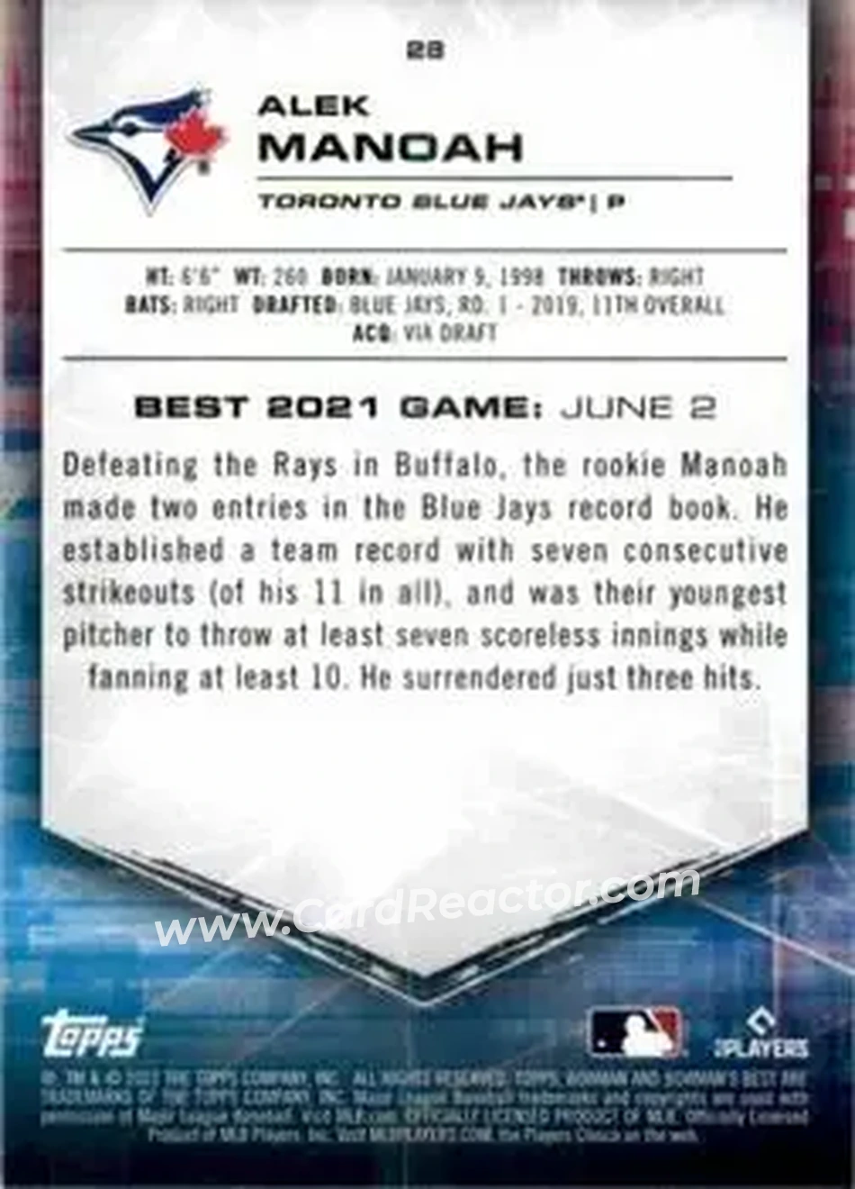 2021 Bowman's Best #28 - Alek Manoah - Toronto Blue Jays - Back