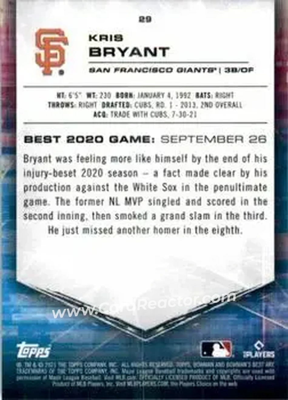 2021 Bowman's Best #29 - Kris Bryant - San Francisco Giants - Back 2021 Bowman's Best #29 - Kris Bryant - San Francisco Giants - Back