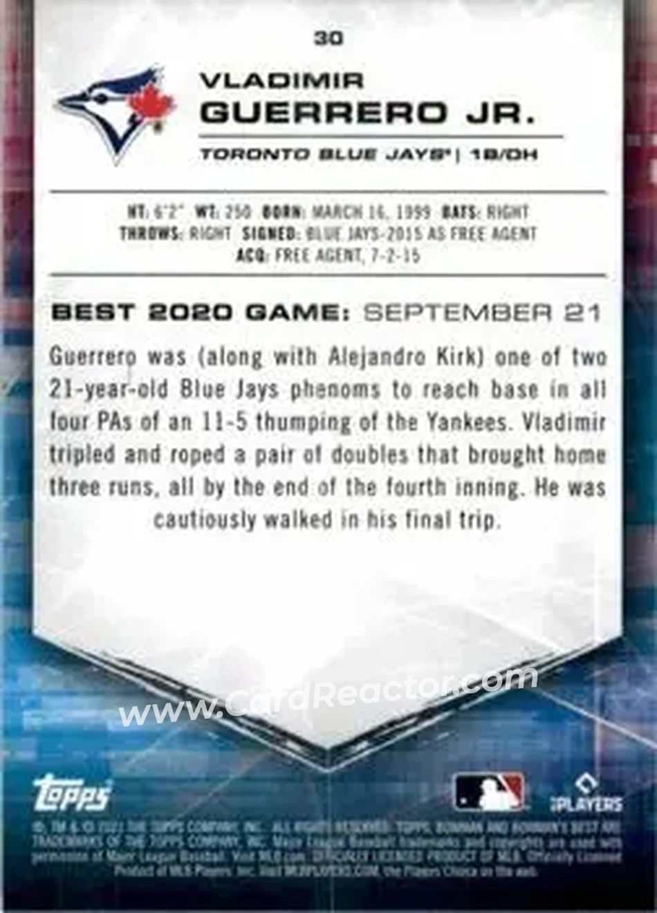 2021 Bowman's Best #30 - Vladimir Guerrero Jr. - Toronto Blue Jays - Back 2021 Bowman's Best #30 - Vladimir Guerrero Jr. - Toronto Blue Jays - Back