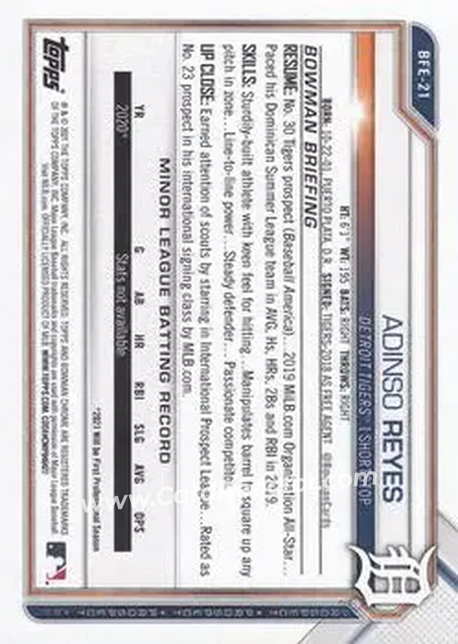 2021 Bowman 1st Edition #BFE-21 - Adinso Reyes - Detroit Tigers - Back