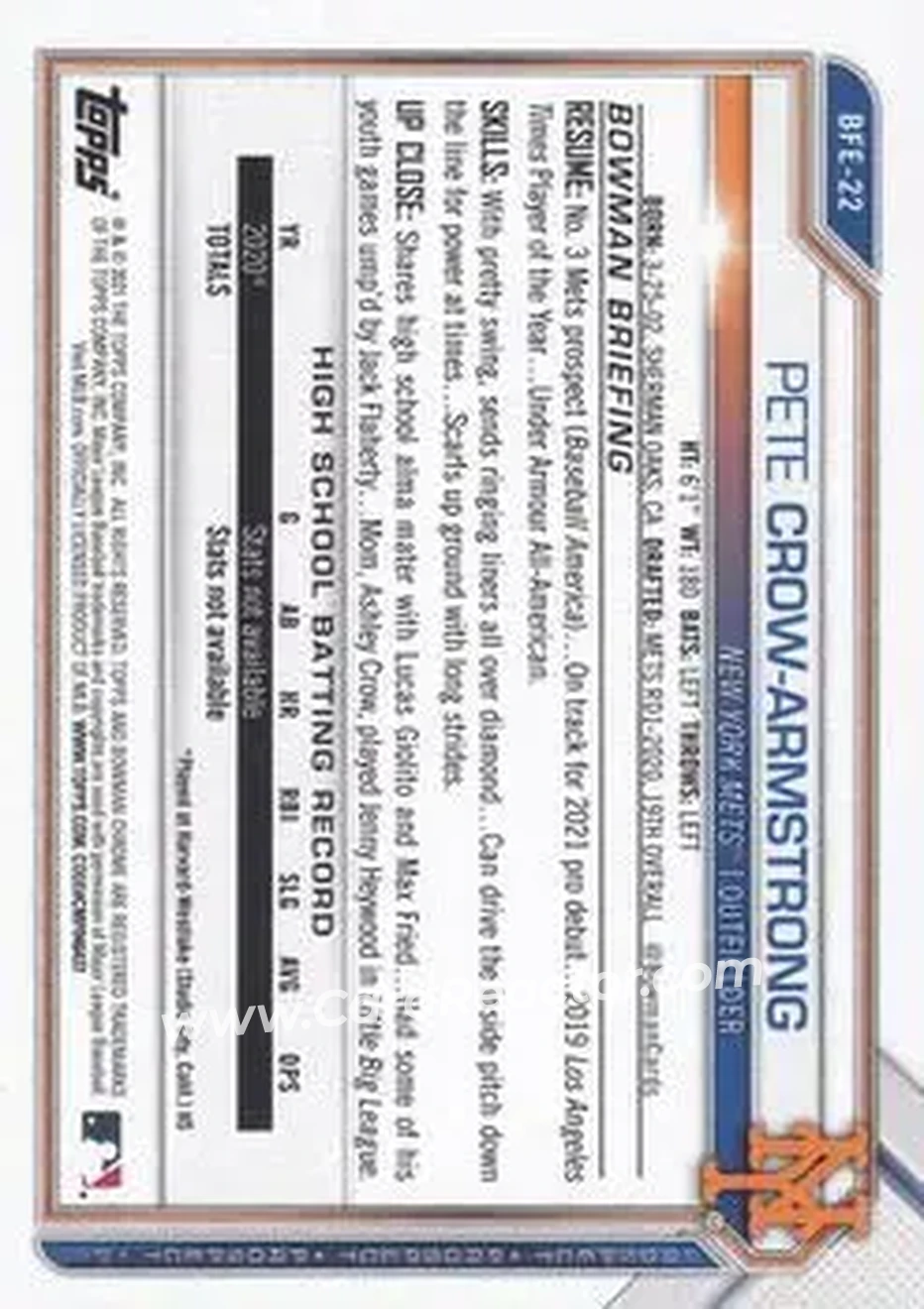 2021 Bowman 1st Edition #BFE-22 - Pete Crow-Armstrong - New York Mets - Back