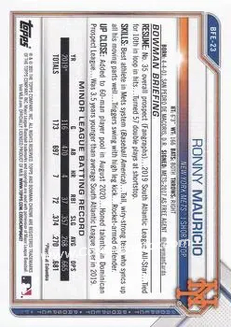 2021 Bowman 1st Edition #BFE-23 - Ronny Mauricio - New York Mets - Back