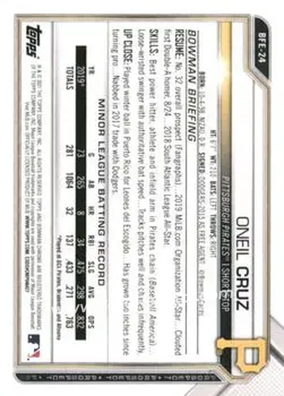 2021 Bowman 1st Edition #BFE-24 - Oneil Cruz - Pittsburgh Pirates - Back