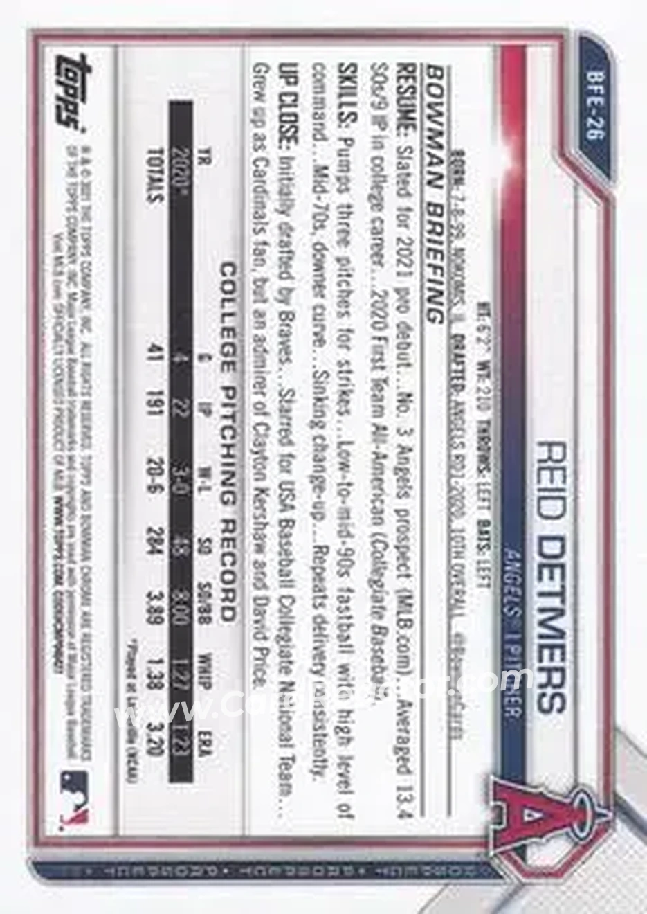 2021 Bowman 1st Edition #BFE-26 - Reid Detmers - Los Angeles Angels - Back