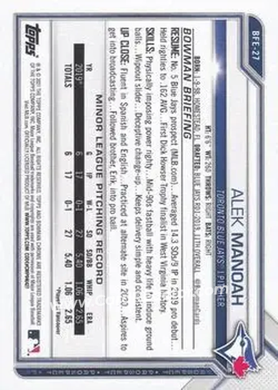 2021 Bowman 1st Edition #BFE-27 - Alek Manoah - Toronto Blue Jays - Back