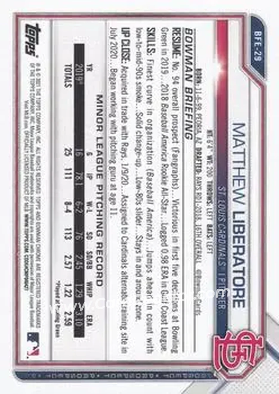 2021 Bowman 1st Edition #BFE-29 - Matthew Liberatore - St. Louis Cardinals - Back