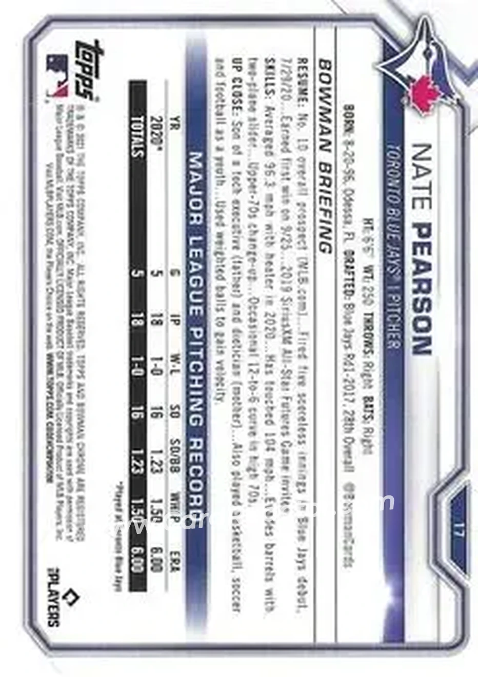 2021 Bowman Chrome #17 - Nate Pearson - Toronto Blue Jays - Back