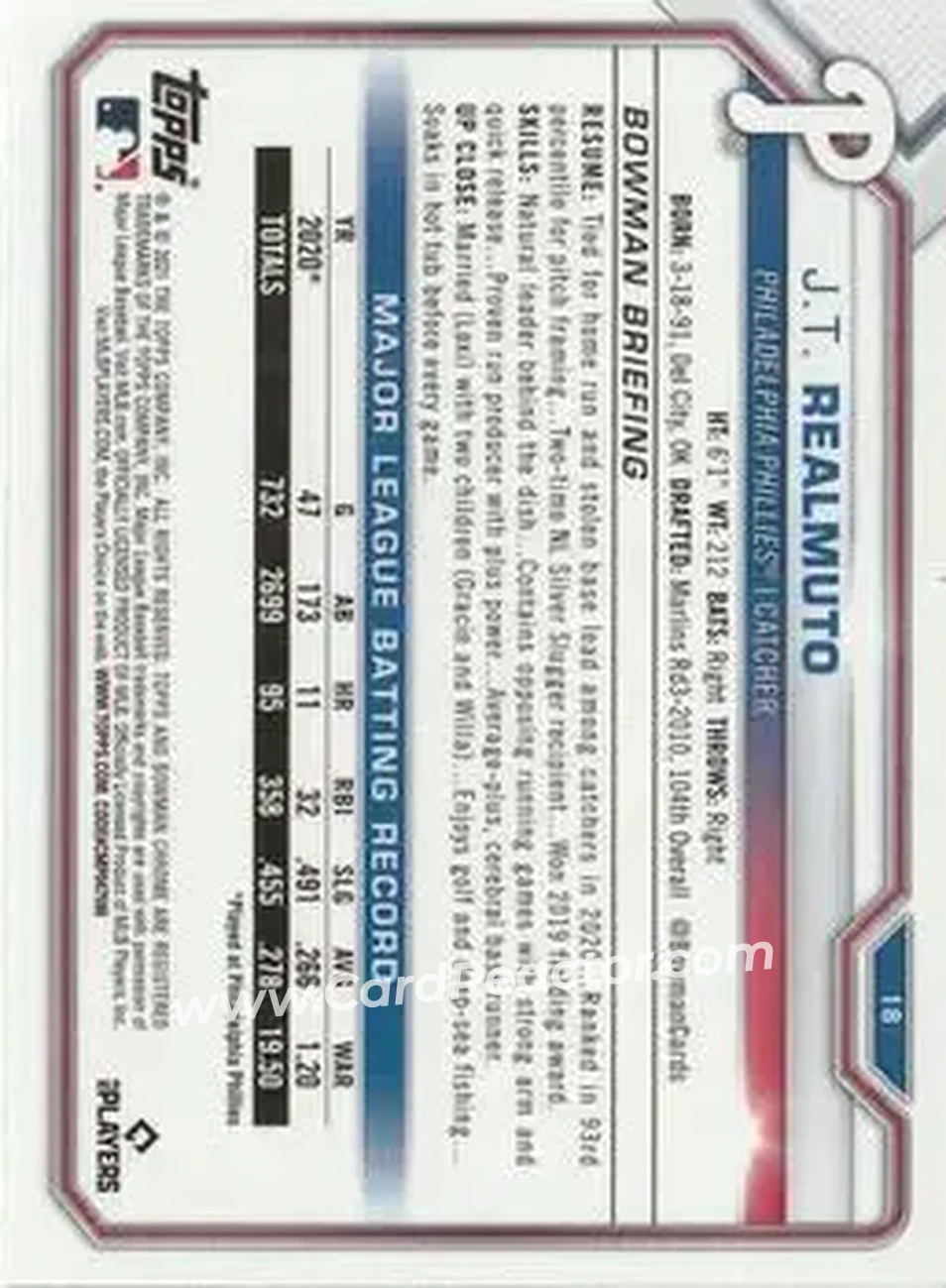 2021 Bowman Chrome #18 - J.T. Realmuto - Philadelphia Phillies - Back