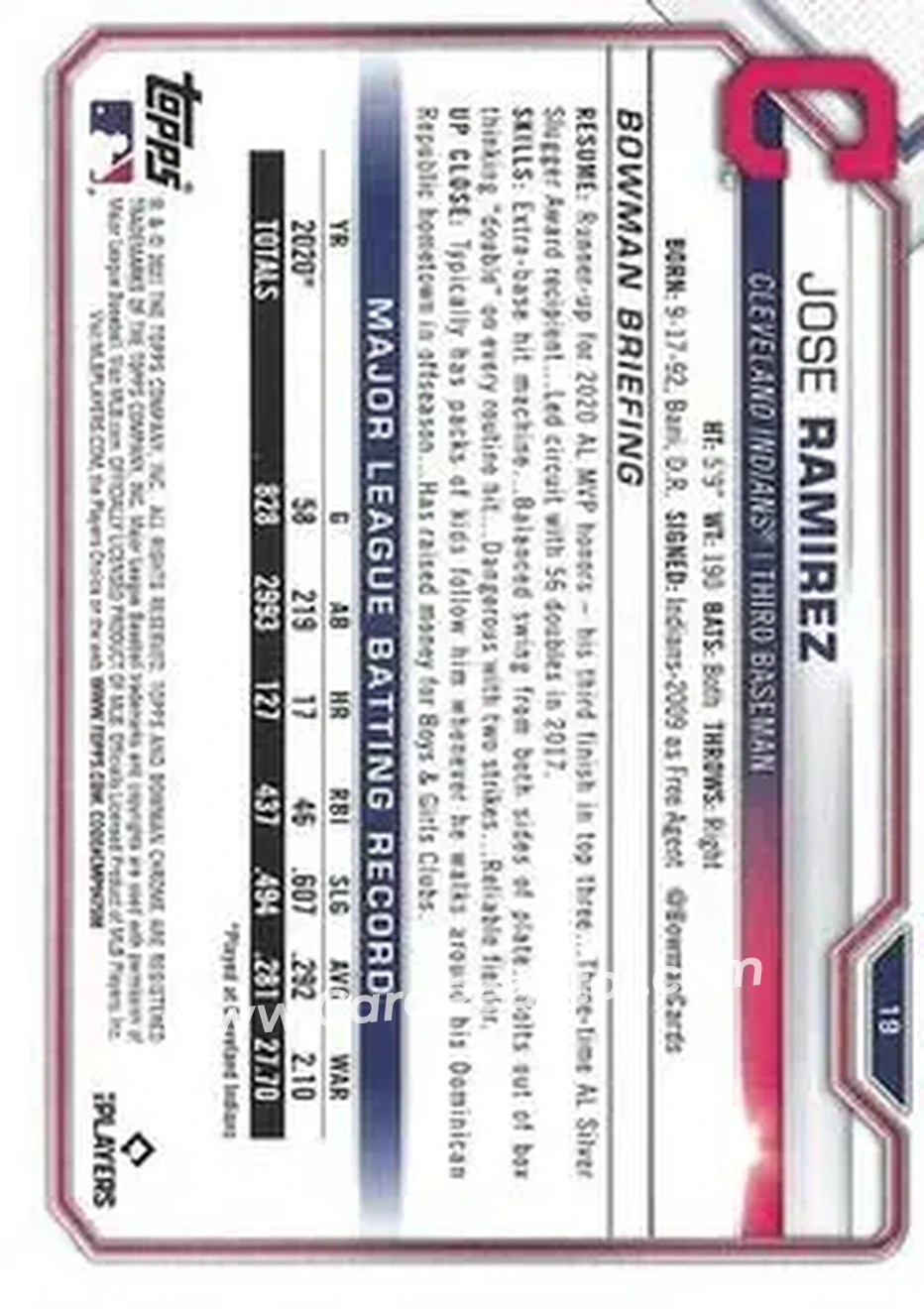 2021 Bowman Chrome #19 - José Ramírez - Cleveland Indians - Back 2021 Bowman Chrome #19 - José Ramírez - Cleveland Indians - Back