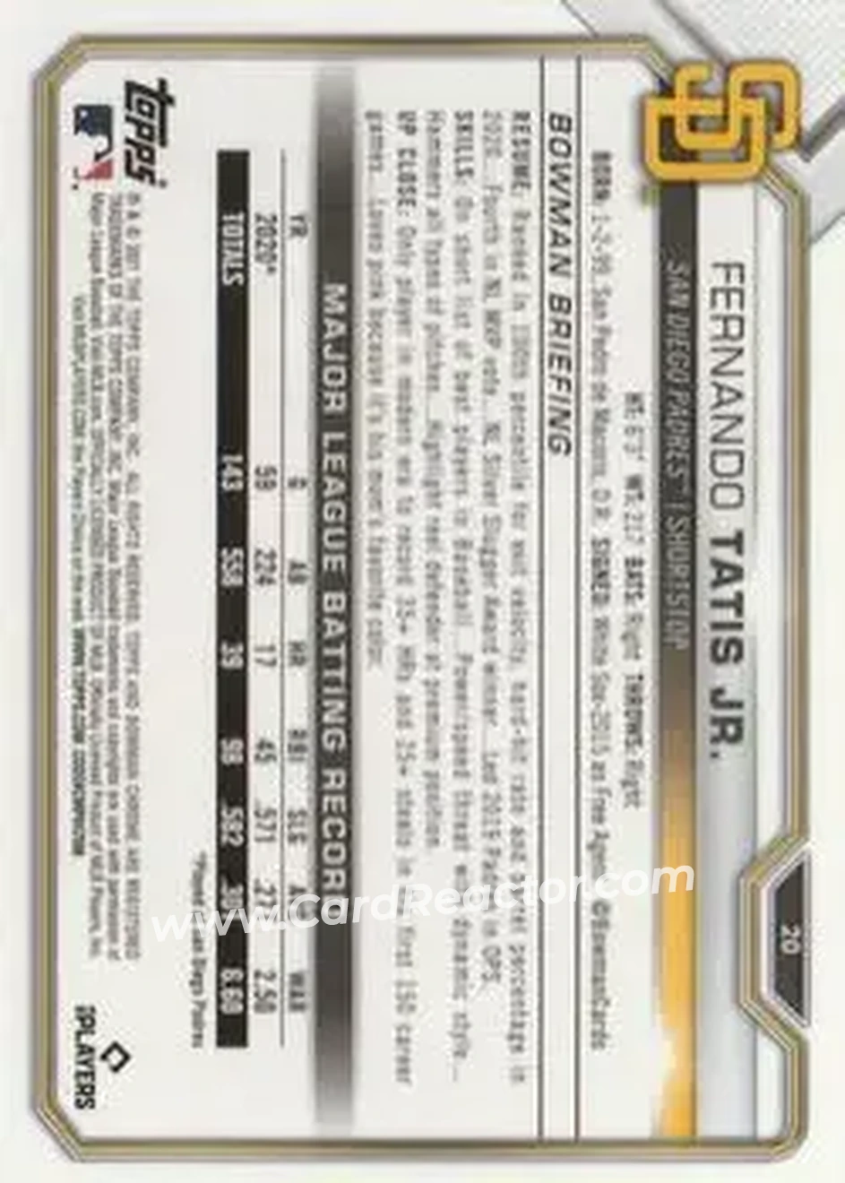 2021 Bowman Chrome #20 - Fernando Tatis Jr. - San Diego Padres - Back