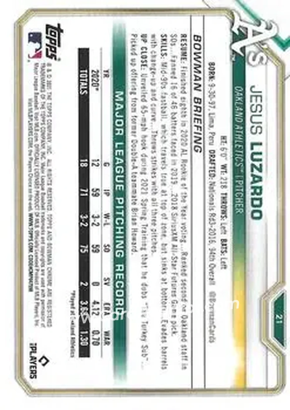 2021 Bowman Chrome #21 - Jesus Luzardo - Oakland Athletics - Back