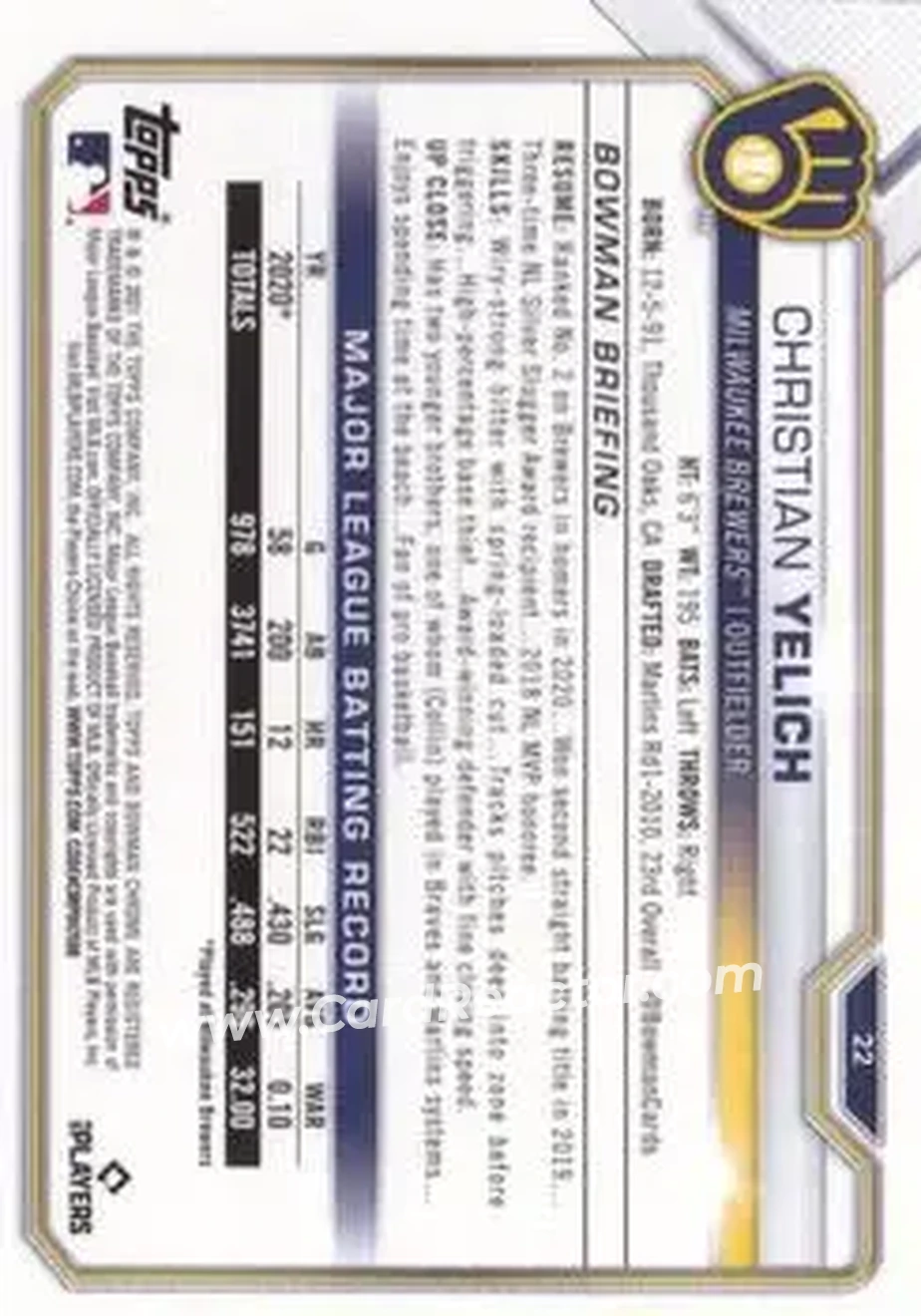 2021 Bowman Chrome #22 - Christian Yelich - Milwaukee Brewers - Back