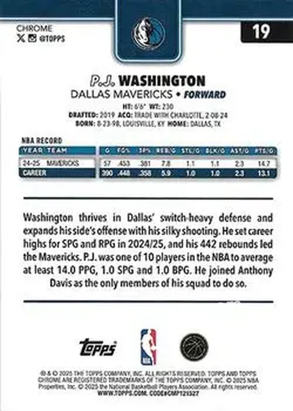 2025-26 Topps Chrome Sapphire Edition #19 - P.J. Washington - Dallas Mavericks - Back