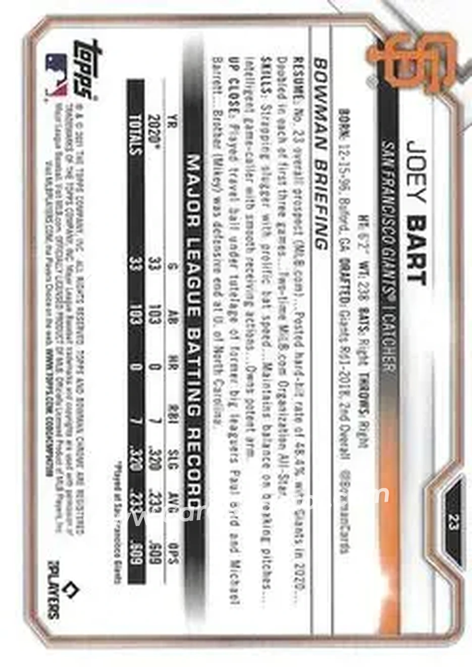 2021 Bowman Chrome #23 - Joey Bart - San Francisco Giants - Back