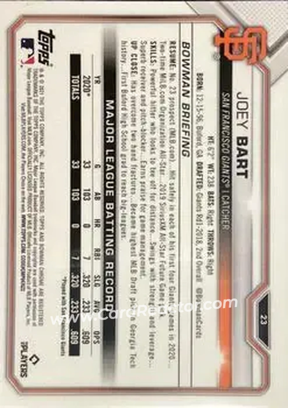 2021 Bowman Chrome #23b - Joey Bart - San Francisco Giants - Back
