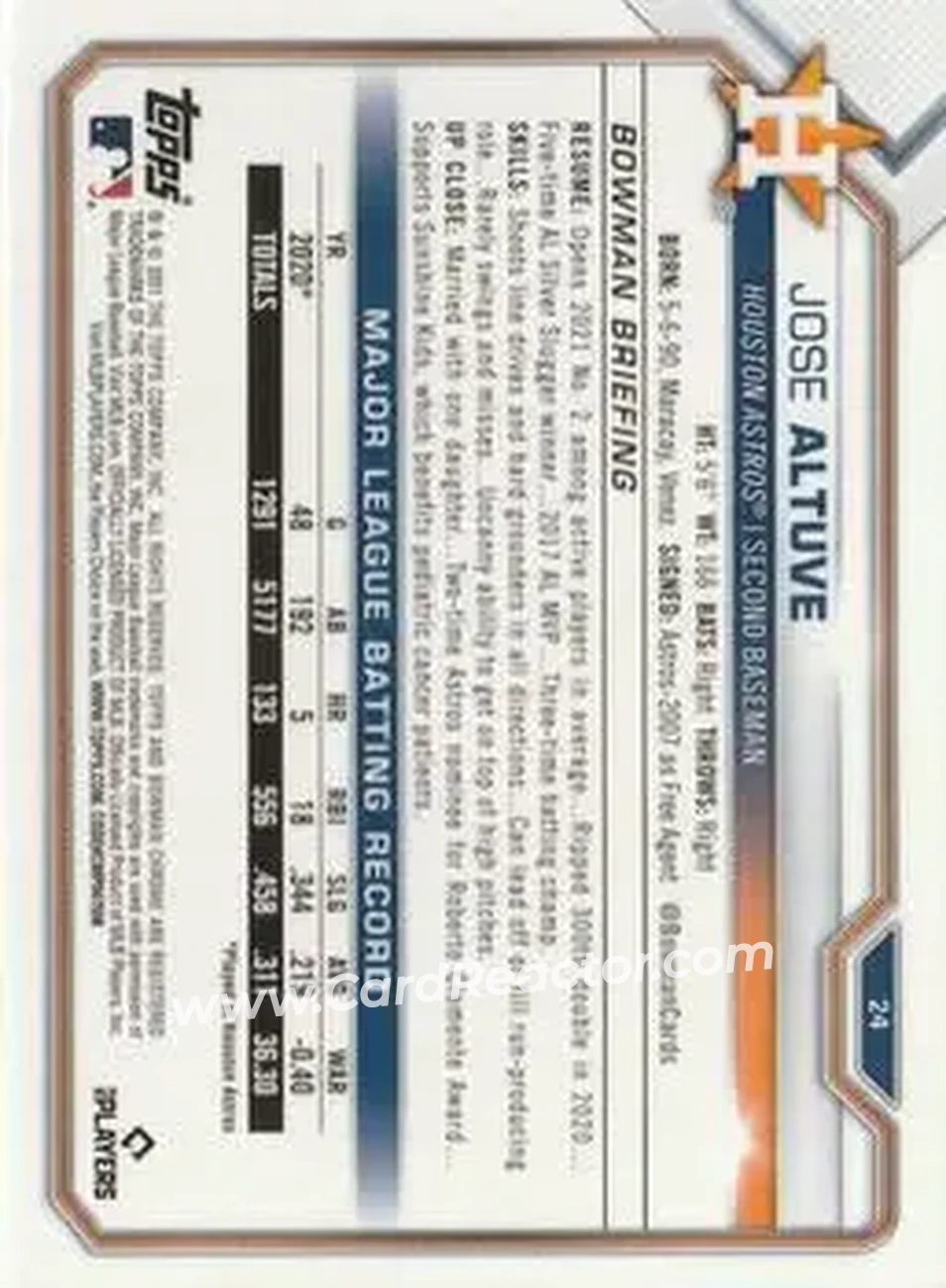2021 Bowman Chrome #24 - Jose Altuve - Houston Astros - Back