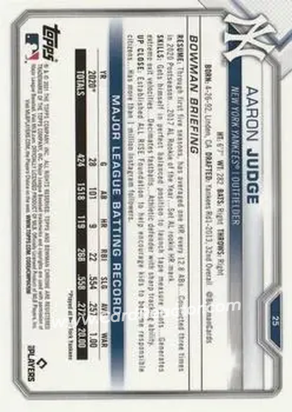 2021 Bowman Chrome #25 - Aaron Judge - New York Yankees - Back