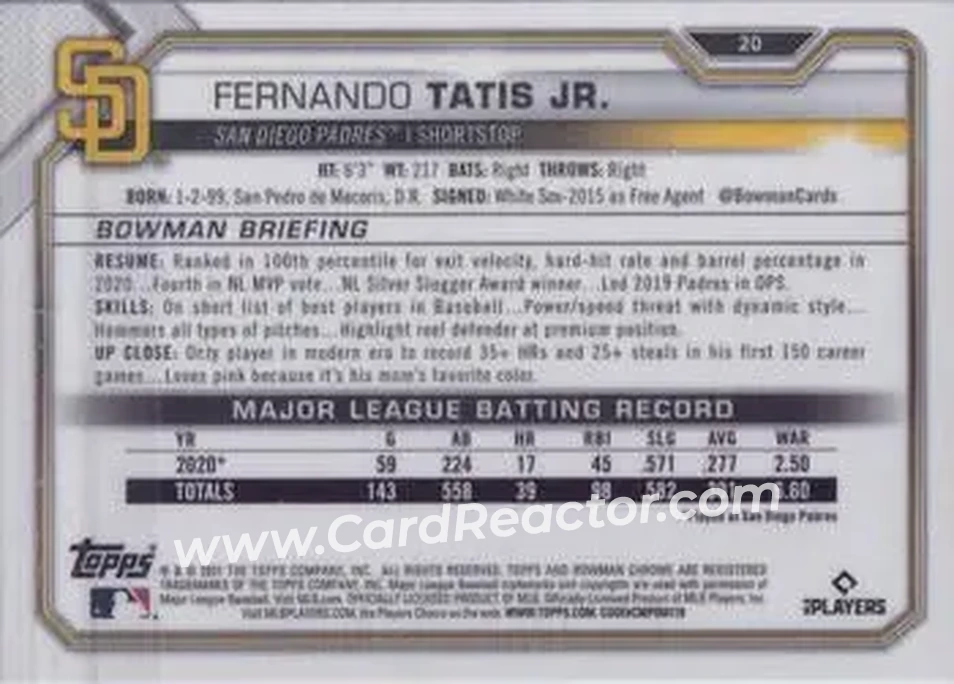 2021 Bowman Chrome Sapphire Edition #20 - Fernando Tatis Jr. - San Diego Padres - Back
