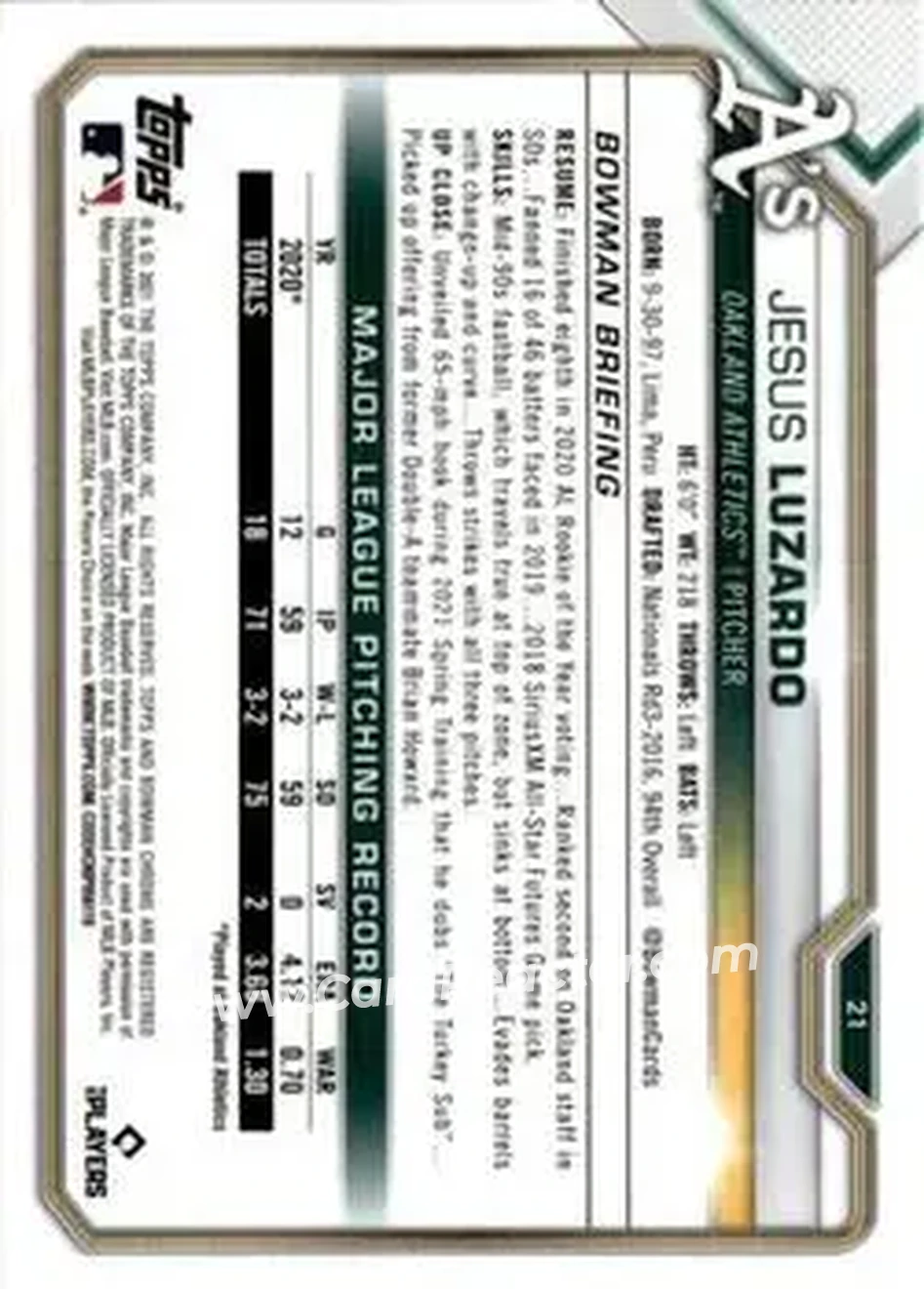 2021 Bowman Chrome Sapphire Edition #21 - Jesus Luzardo - Oakland Athletics - Back