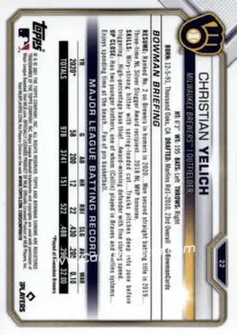 2021 Bowman Chrome Sapphire Edition #22 - Christian Yelich - Milwaukee Brewers - Back 2021 Bowman Chrome Sapphire Edition #22 - Christian Yelich - Milwaukee Brewers - Back