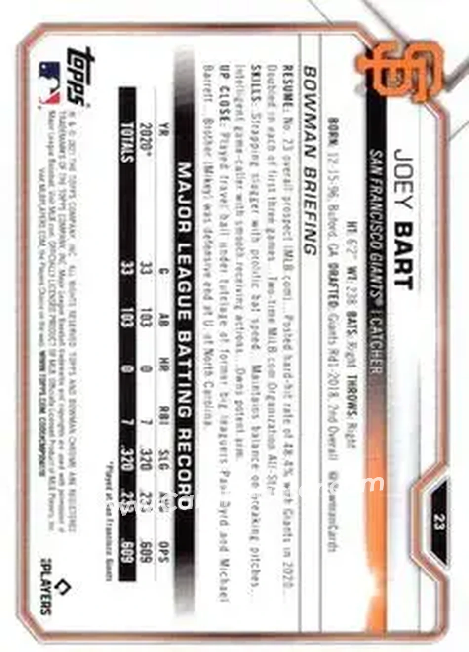 2021 Bowman Chrome Sapphire Edition #23 - Joey Bart - San Francisco Giants - Back