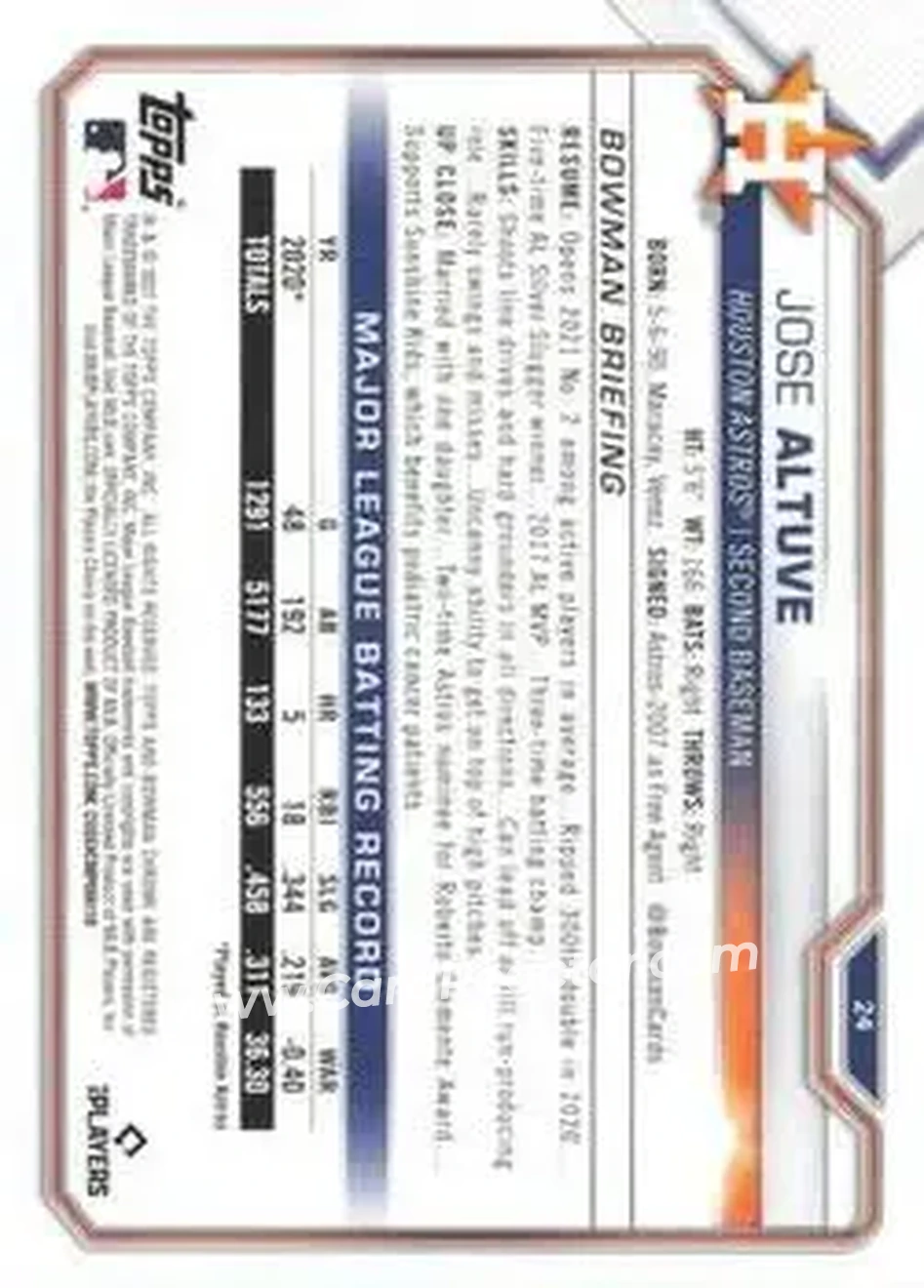2021 Bowman Chrome Sapphire Edition #24 - Jose Altuve - Houston Astros - Back 2021 Bowman Chrome Sapphire Edition #24 - Jose Altuve - Houston Astros - Back