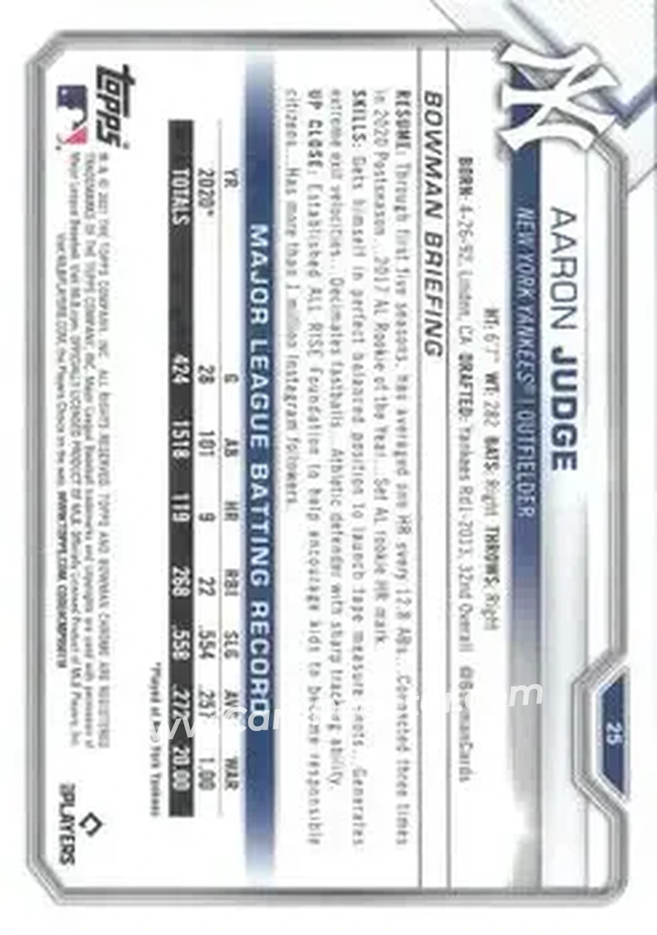 2021 Bowman Chrome Sapphire Edition #25 - Aaron Judge - New York Yankees - Back 2021 Bowman Chrome Sapphire Edition #25 - Aaron Judge - New York Yankees - Back