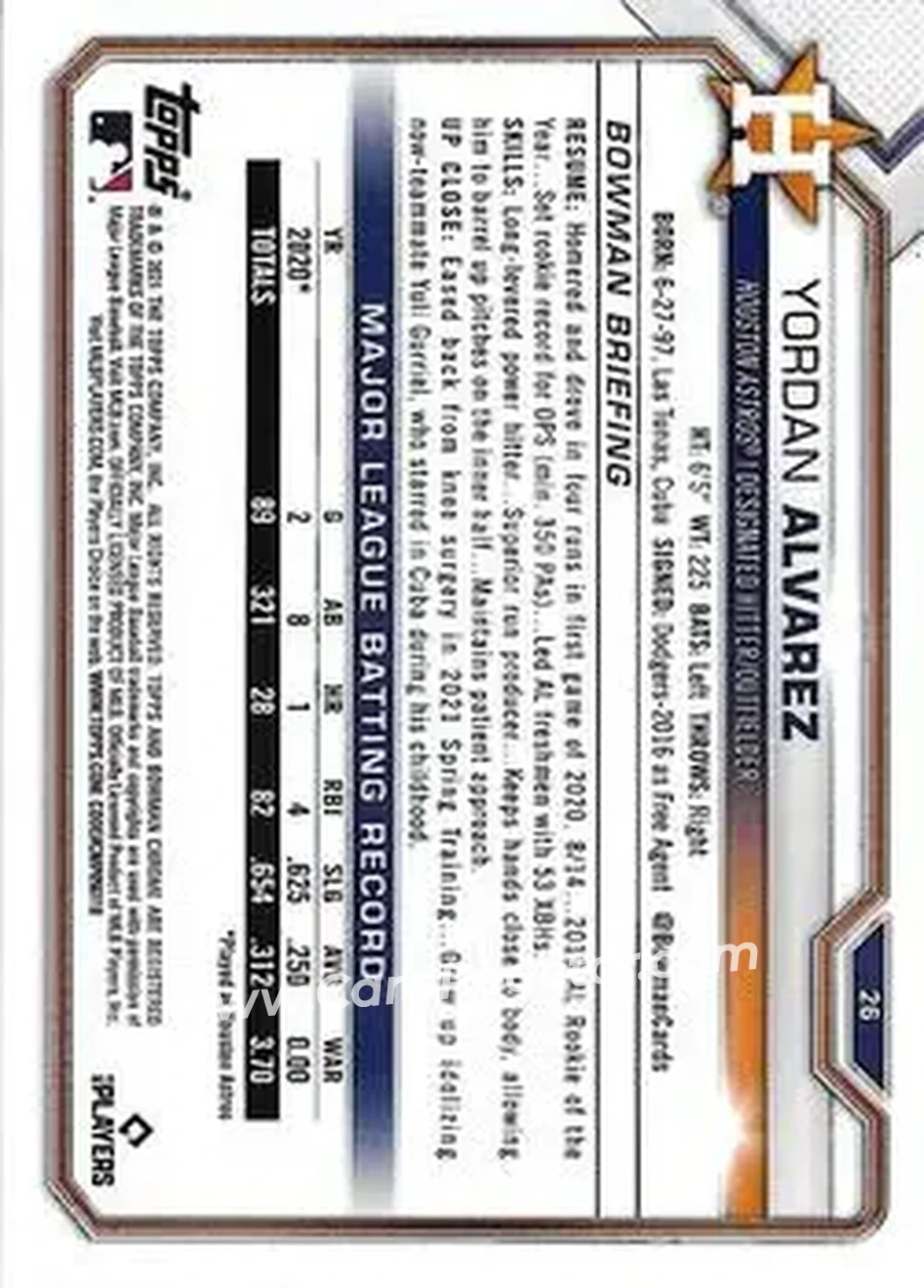 2021 Bowman Chrome Sapphire Edition #26 - Yordan Alvarez - Houston Astros - Back
