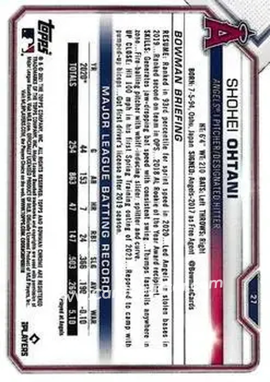 2021 Bowman Chrome Sapphire Edition #27 - Shohei Ohtani - Los Angeles Angels - Back